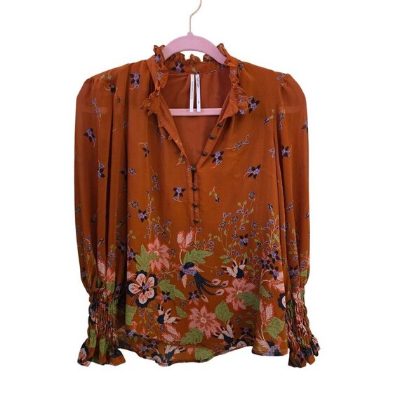 Anthropologie Floral Chiffon Blouse Ruffled Neckline Metal Buttons Size XXS - Picture 2 of 13